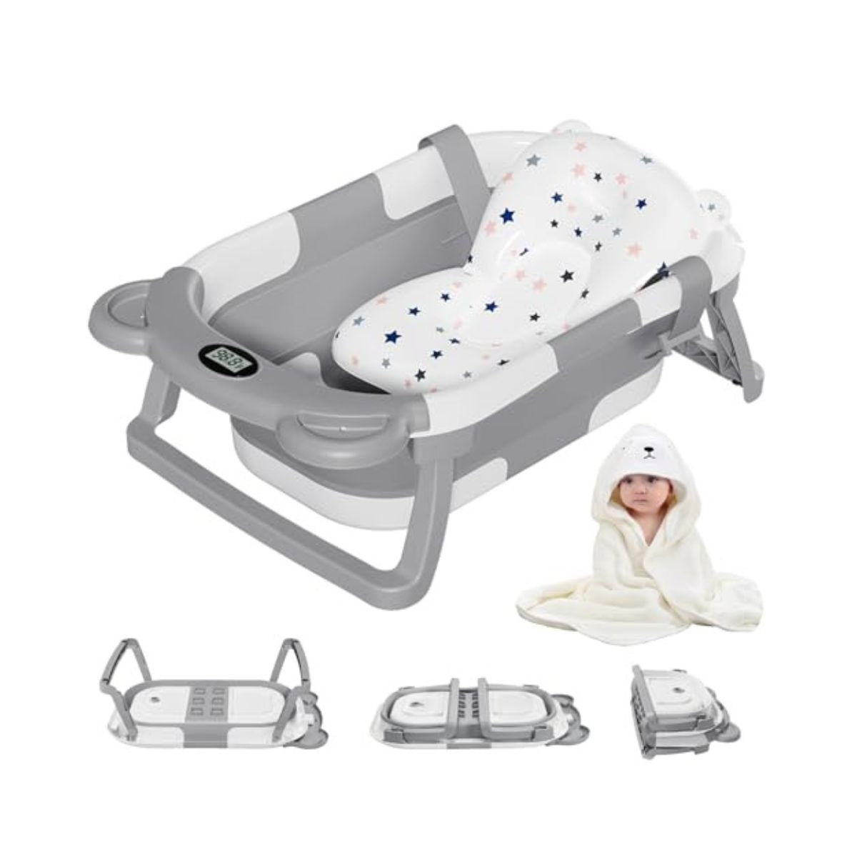 MoreFeel Collapsible Baby Bathtub for Newborn with Thermometer & 1 Hooded Towel & 1 Soft Floating Cushion,Portable Travel Bathtub with Drain Hole, Durable Foldable Baby Tubs for Infants to Toddler