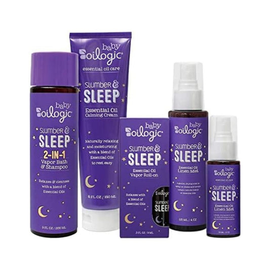Oilogic Slumber & Sleep Baby Bath Essentials Gift Set, 5-Pack - Essential Oil Care Includes Roll-On, Calming Cream, Vapor Bath, and Two Linen Mist - Relaxing Lavender & Chamomile