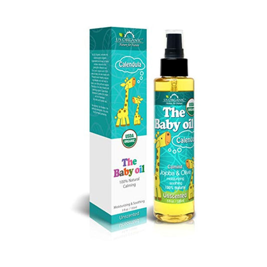 US Organic Baby Oil with Calendula, Jojoba, and Olive Oil with Vitamin E, USDA Certified Organic, No Alcohol, Paraben, Artificial Detergents, Color, Synthetic Perfumes, 5 fl. Oz (Pure Unscented)