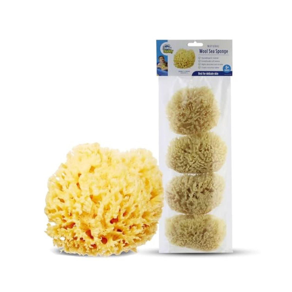 Baby Buddy Natural Wool Sea Sponge, Newborn Bath Time Essential, Ultra Soft for Delicate Skin, Hypoallergenic and Biodegradable, 4 Pack