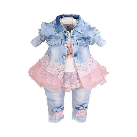 Yao Baby Girls Denim Clothing Sets 3 Pieces Sets T Shirt Denim Jacket and Jeans