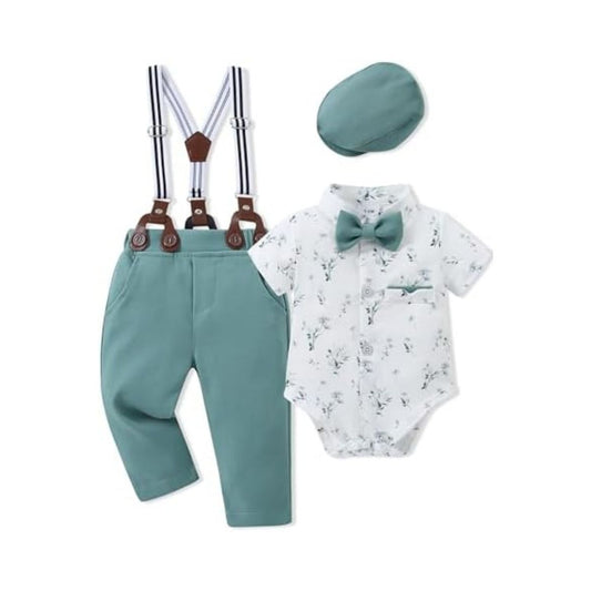 Baby Boy Clothes Suits 3-24M Infant Gentleman Outfits, Short Sleeve Shirt+Bowtie+Beret+Suspender Pants Clothing Set
