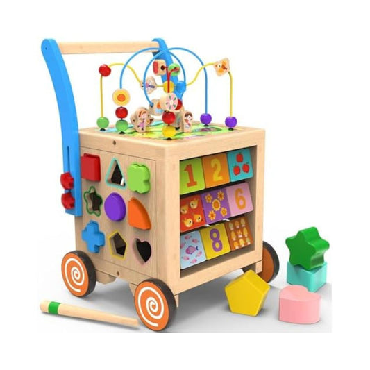 9-in-1 Wooden Activity Cube | Wooden Baby Walker, Sit-to-Stand Learning Walker Activity Center, Early Educational Push & Pull Toys for Baby Toddler Boys Girls, Height & Brake Adjustable