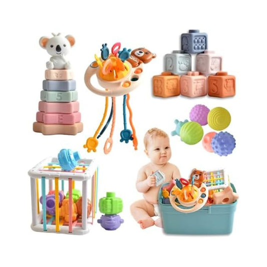 Baby Toys 6 -18 Months,Montessori Toys for Babies 1-2 Years Old,Includes Bear Drawstring Toys, Koala Stacking Blocks & Baby Rattle & 6-Color Squeeze Sensory Balls,Developmental Toys for Children