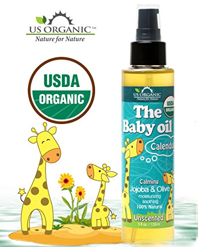 US Organic Baby Oil with Calendula, Jojoba, and Olive Oil with Vitamin E, USDA Certified Organic, No Alcohol, Paraben, Artificial Detergents, Color, Synthetic Perfumes, 5 fl. Oz (Pure Unscented)