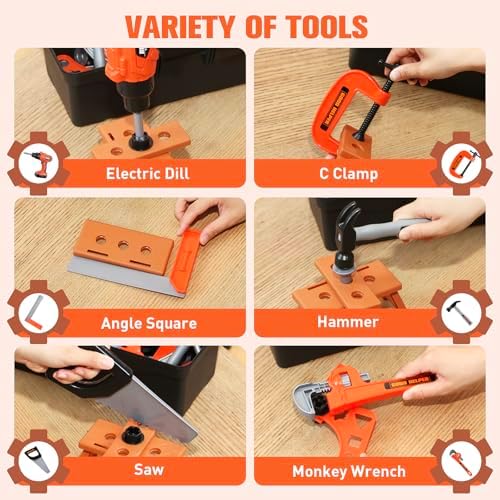 Kids Tool Set – Zealous 48 pcs Toddler Tool Set with Tool Box & Electronic Toy Drill, Pretend Play Kids Toys, Toy Construction Tools for Kids Ages 3,4,5,6,7,8 Years Old (A-Orange)