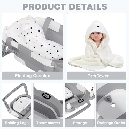 MoreFeel Collapsible Baby Bathtub for Newborn with Thermometer & 1 Hooded Towel & 1 Soft Floating Cushion,Portable Travel Bathtub with Drain Hole, Durable Foldable Baby Tubs for Infants to Toddler