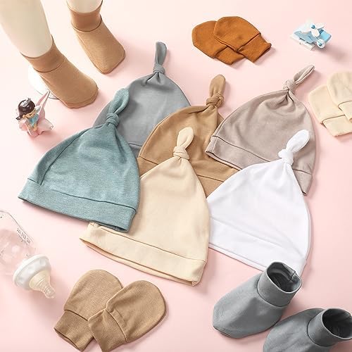 Toulite 10 Set Newborn Baby Socks Hat and Mittens Soft Ankle Sock Newborn Beanie Mitten for Boys Girls Infant