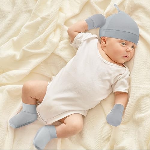 Toulite 10 Set Newborn Baby Socks Hat and Mittens Soft Ankle Sock Newborn Beanie Mitten for Boys Girls Infant