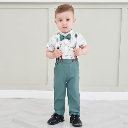 Baby Boy Clothes Suits 3-24M Infant Gentleman Outfits, Short Sleeve Shirt+Bowtie+Beret+Suspender Pants Clothing Set