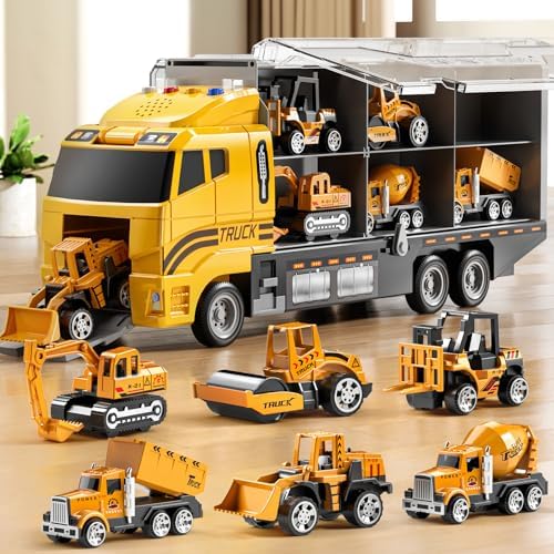 Toddler Boys Toys for 3 4 5 6 Years Old, Construction Truck Vehicle Toy Set with Play Mat, Die-Cast Toy Car Carrier Truck for Boys Kids, Birthday Gifts Toys for 3 4 5 6 7 8+ Year Old Boys