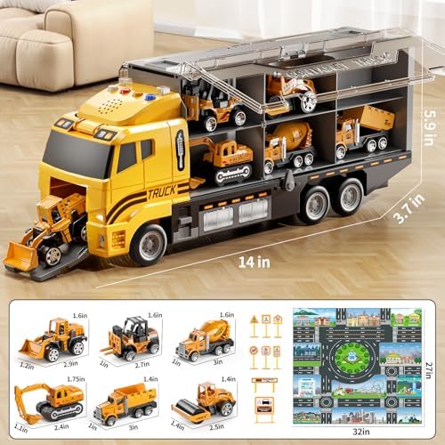 Toddler Boys Toys for 3 4 5 6 Years Old, Construction Truck Vehicle Toy Set with Play Mat, Die-Cast Toy Car Carrier Truck for Boys Kids, Birthday Gifts Toys for 3 4 5 6 7 8+ Year Old Boys