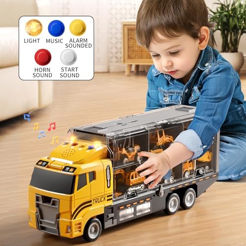 Toddler Boys Toys for 3 4 5 6 Years Old, Construction Truck Vehicle Toy Set with Play Mat, Die-Cast Toy Car Carrier Truck for Boys Kids, Birthday Gifts Toys for 3 4 5 6 7 8+ Year Old Boys