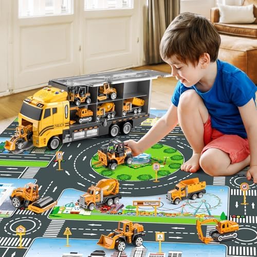 Toddler Boys Toys for 3 4 5 6 Years Old, Construction Truck Vehicle Toy Set with Play Mat, Die-Cast Toy Car Carrier Truck for Boys Kids, Birthday Gifts Toys for 3 4 5 6 7 8+ Year Old Boys