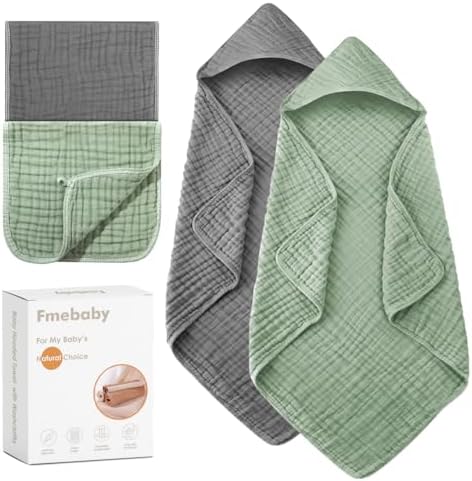 Hooded Baby Towels for Newborn, 2 Pack 36x36 Inch Muslin Cotton Baby Bath Towel and 12x12 Inch Washcloth Set with Hood for Babies, Toddler and Kids, Essentials Must Haves (Grey and Green)