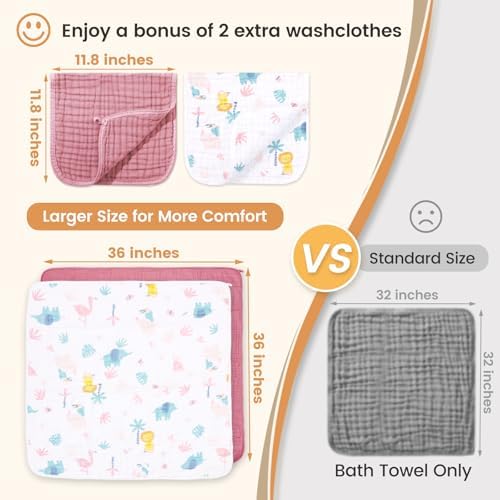 Hooded Baby Towels for Newborn, 2 Pack 36x36 Inch Muslin Cotton Baby Bath Towel and 12x12 Inch Washcloth Set with Hood for Babies, Toddler and Kids, Essentials Must Haves (Grey and Green)
