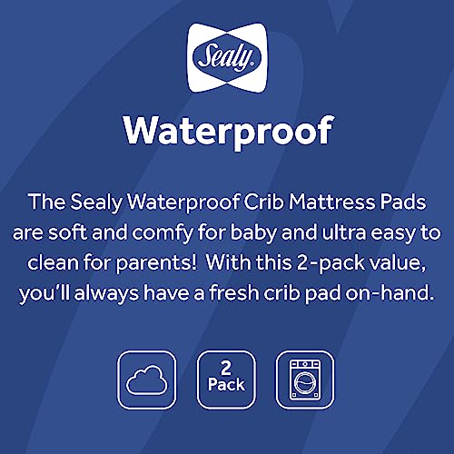 Sealy Baby 2-PACK Fitted Waterproof Infant Crib Mattress Protector Pad and Toddler Bed Cover, Durable and Comfortable Topper, Machine Washable and Dryer Friendly, 52” x 28”- White