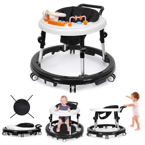 Music and Lights Baby Walker Foldable with 9 Adjustable Heights, Baby Walker with Wheels Portable, Baby Walkers and Activity Center for Boys Girls Babies 7-18 Months (New-Black)